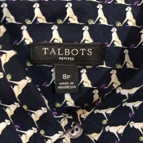 Talbots Dog & Ball Print 100% Cotton Navy Blue Long Sleeve Button Shirt size 8P - Picture 5 of 13